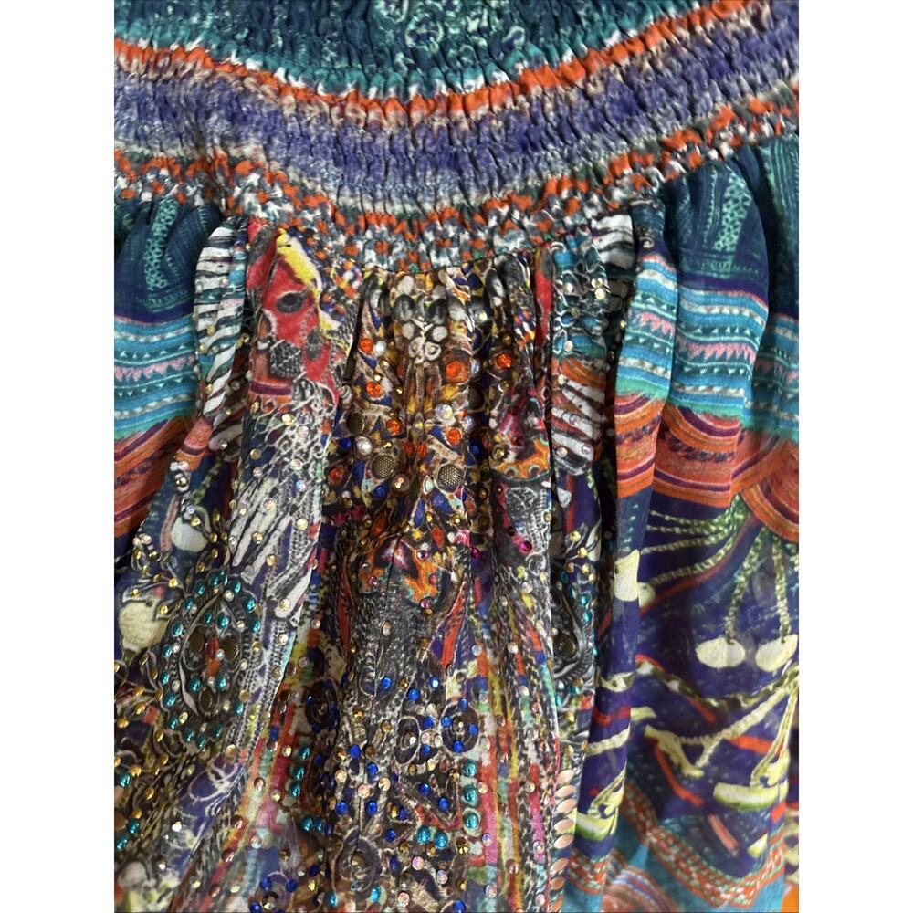 CAMILLA off shoulder or Silk Blouse crystals blue red open sleeve Shirred Cuff L - Picture 12 of 13